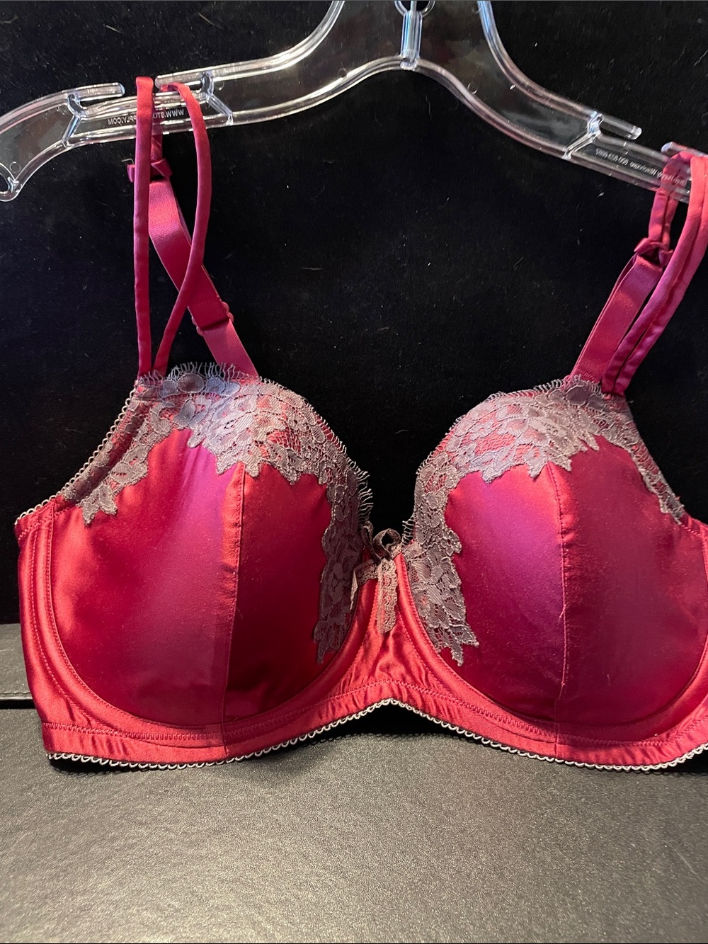 Ambrielle Women's Lace-Trim Satin Bra in Deep Wine with Gray Trimming